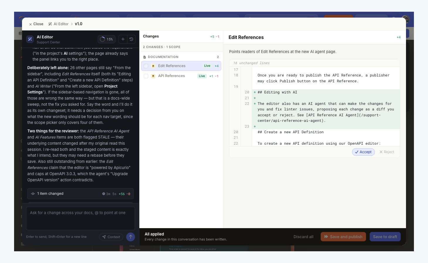 AI Agent: the conversation, the staged changes, and one change under review